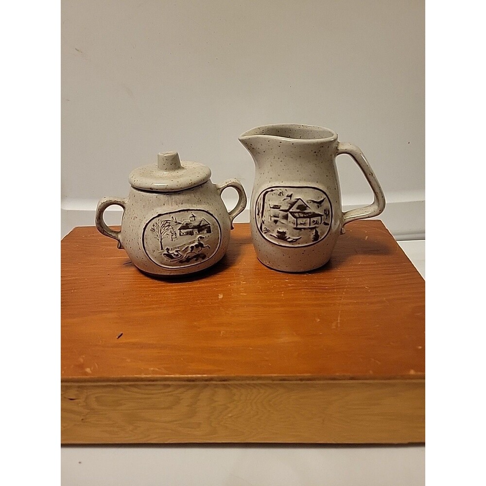 Vtg Onion River Pottery Stoneware Vermont Syrup Pitcher Creamer Sugar Bowl W Lid